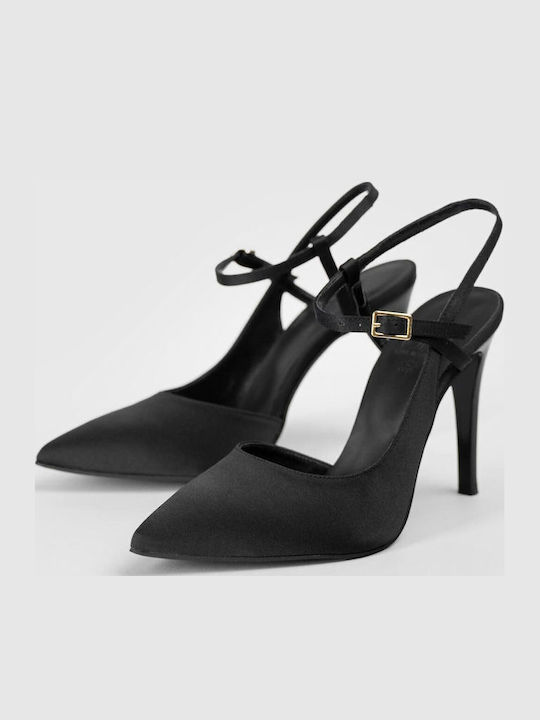 Pointed Toe Satin Heels with Strap Black