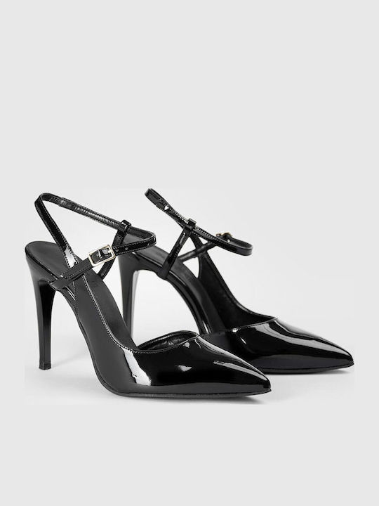 Black Pointed Patent Leather Heels with Strap