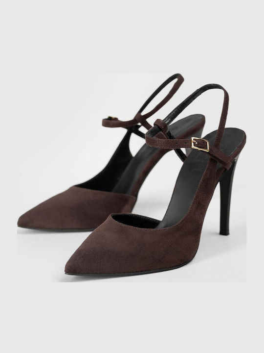 Brown Suede Pointed Toe Heels with Strap