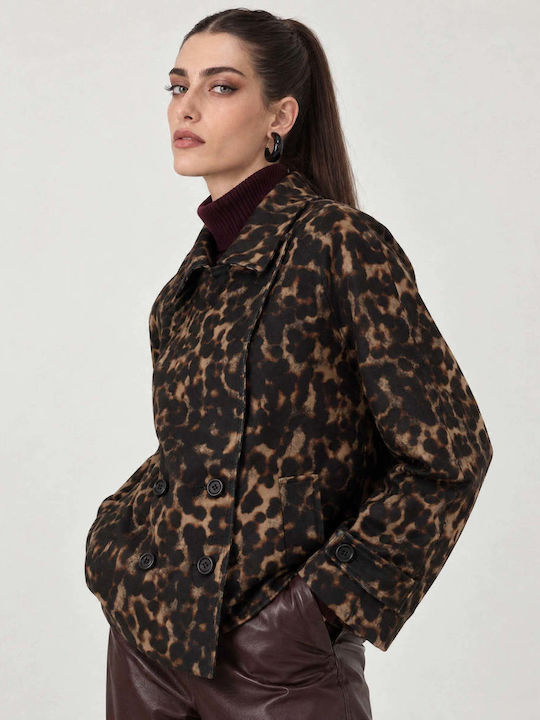 Дамско Леопардово Палто Черно с Копчета