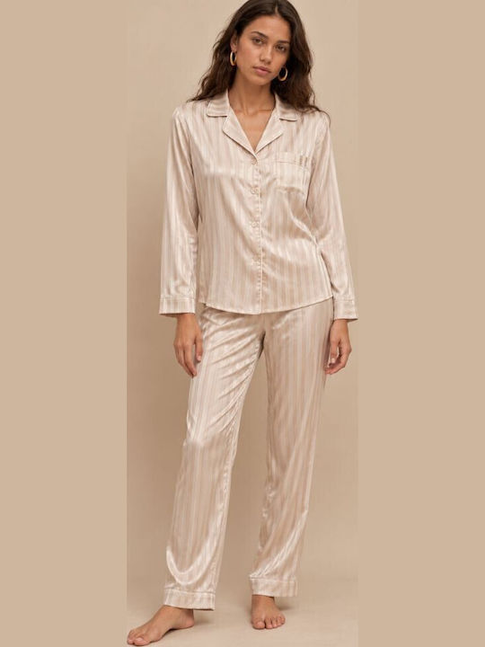 Zizo Зимен Дамски Комплект Пижама Sand Beige Stripes