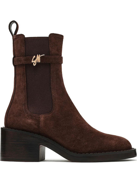 Steve Madden Дамски кожени боти до глезена със среден ток кафяви