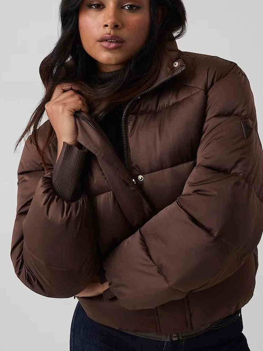 Guess Kurze Damen-Pufferjacke für den Winter Dark Coffee