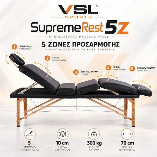 VSL Sports Supremerest 5Z Сгъваемо Дървено Легло за Физиотерапия, Черно, 185x70 см