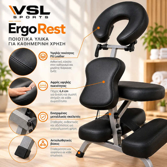 VSL Sports ErgoRest Tragbarer/Zusammenklappbarer Physiotherapiestuhl aus schwarzem Metall