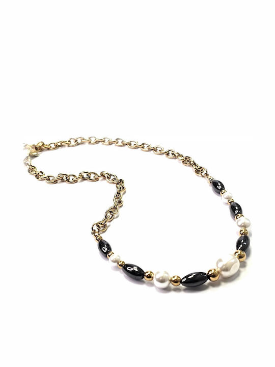 Necklace Made of Gold-Plated Steel with Pearls