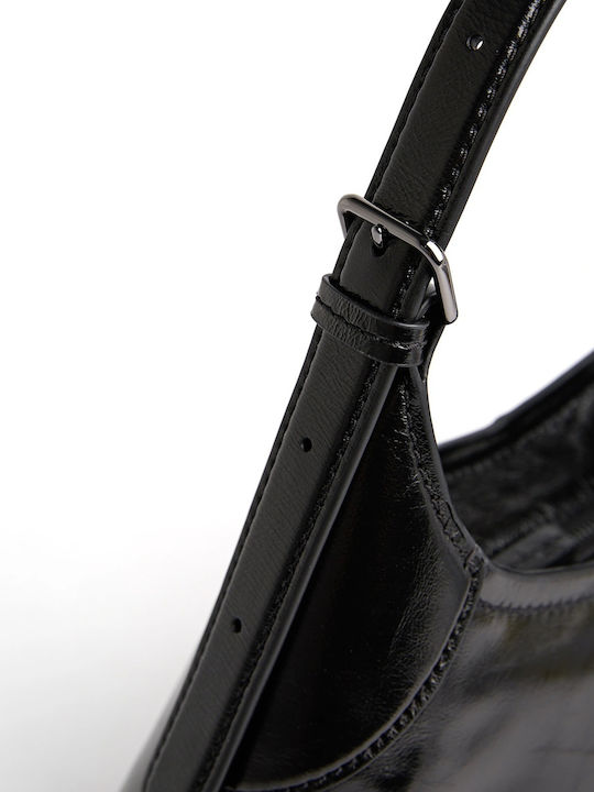 Small Belted Crinkle Leather Women's Drawstring Bag Black