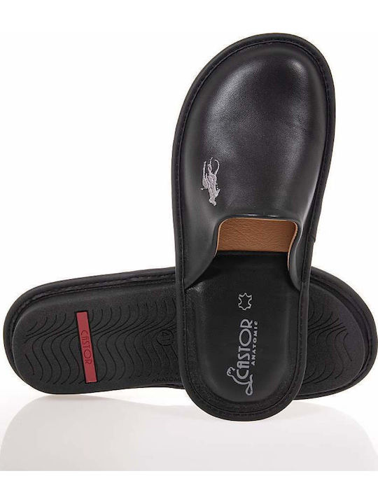Castor Anatomic Herren Leder Hausschuhe Schwarz Anatomisch