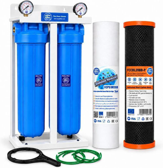 Aqua Filter Doppeltes Wasserfiltergerät für die zentrale Versorgung mit 1"-Rohrquerschnitt und Ersatzfilter BB202PS1BLP