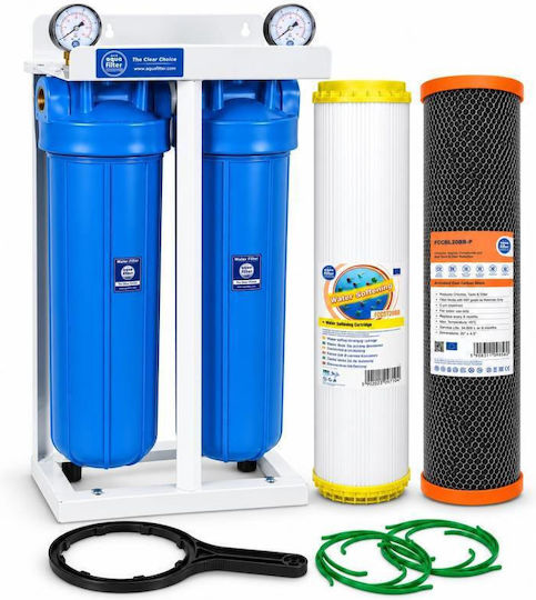 Aqua Filter Doppel-Wasserfiltersystem für die zentrale Wasserversorgung mit 1"-Rohrquerschnitt und Ersatzfilter BB202STBLP