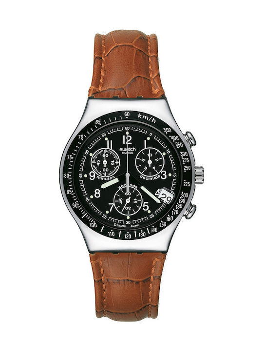 Swatch Ανδρικό Ρολόι 45mm Χρονογράφος Μπαταρίας με Καφέ Δερμάτινο Λουράκι