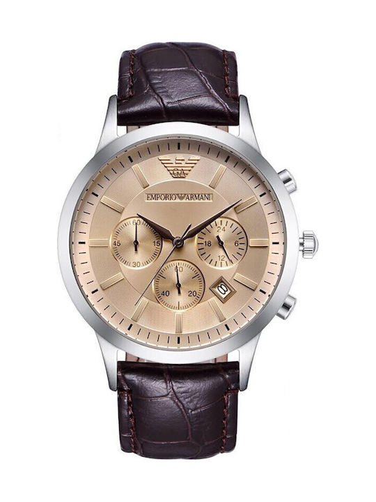 Emporio Armani Мъжки Часовник 45мм Хронограф На Батерия С Кожена Каишка Кафяв