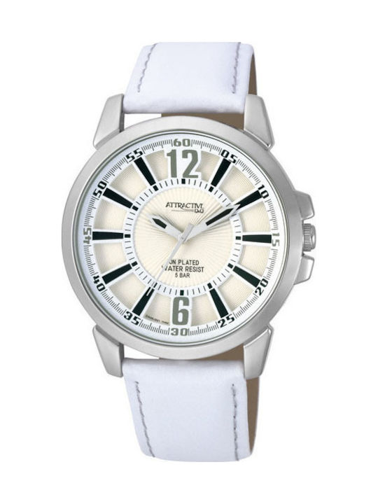 Q&Q Watch Battery with White Leather Strap DA06J311