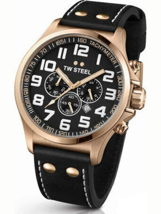 TW Steel Ανδρικό Ρολόι 45mm Χρονογράφος Μπαταρίας με Μαύρο Δερμάτινο Λουράκι