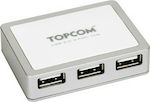 Topcom Mini 224P USB 2.0 Hub 4 Porturi cu conexiune USB-A și Alimentare Externă Argint (DA-TC-HUB224P00)