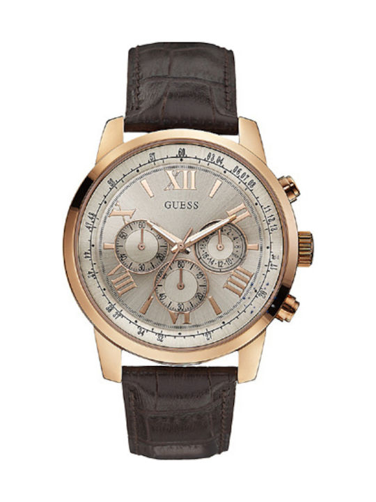 Guess Rose Gold Chrono Brown Leather Strap