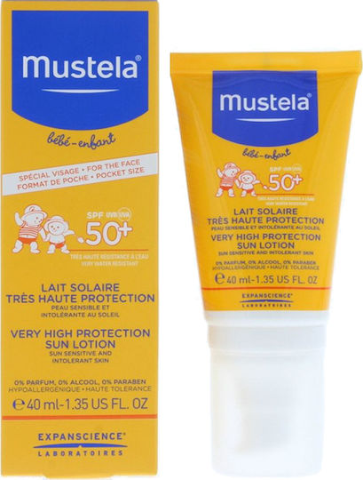 Mustela Bebe-Enfant SPF50+ Αδιάβροχο Βρεφικό Αντηλιακό Γαλάκτωμα για Πρόσωπο 40ml
