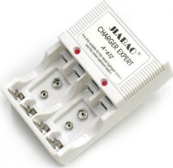 Jiabao A-636 Charger 4 Batteries Ni-Cd/Ni-MH Size AA/AAA/9V in White color