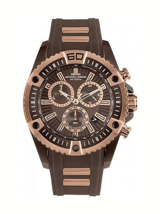 Jacques Lemans Herrenuhr 46mm Chronograph Batterie mit Braun Kautschukarmband