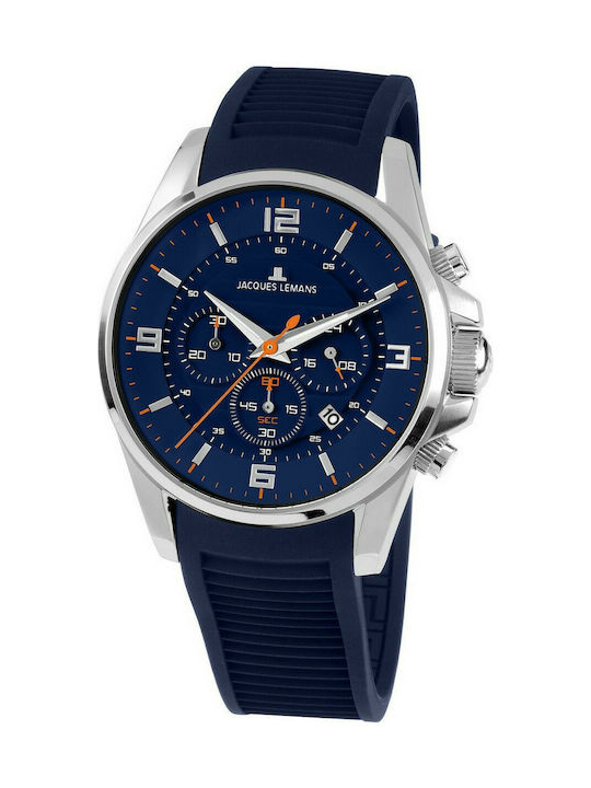 Jacques Lemans Men's Watch 44mm Chronograph Battery with Blue Rubber Strap