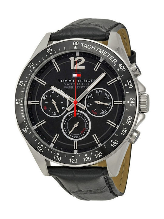 Tommy Hilfiger Luke Ανδρικό Ρολόι 47mm Χρονογράφος Μπαταρίας με Μαύρο Δερμάτινο Λουράκι