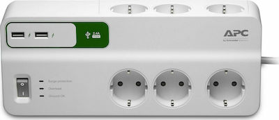 APC Πολύπριζο Ασφαλείας 6 Θέσεων με Διακόπτη, 2 USB και Καλώδιο 2m Λευκό