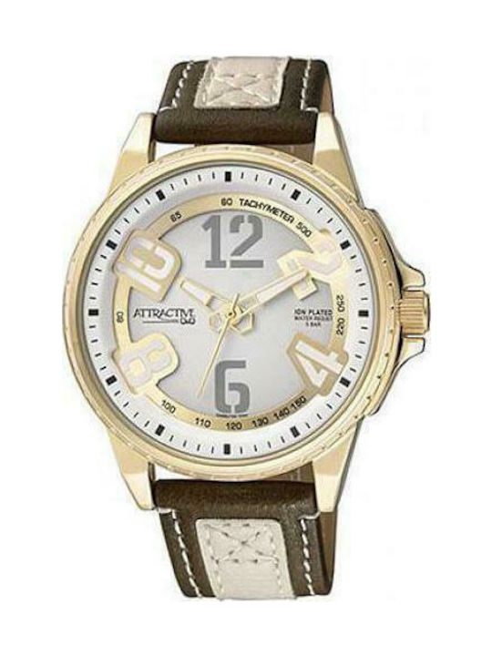 Q&Q Gold Brown-Beige Leather Strap Watch Battery with Brown Leather Strap