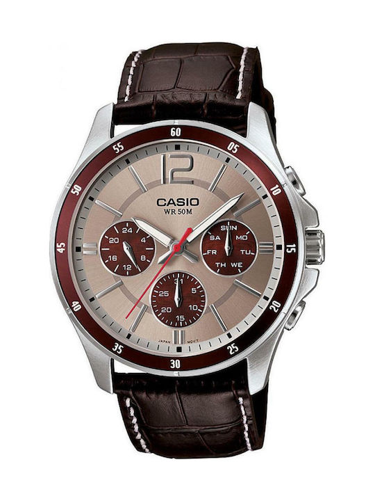 Casio Herrenuhr 43.5mm Chronograph Batterie mit Braun Lederarmband