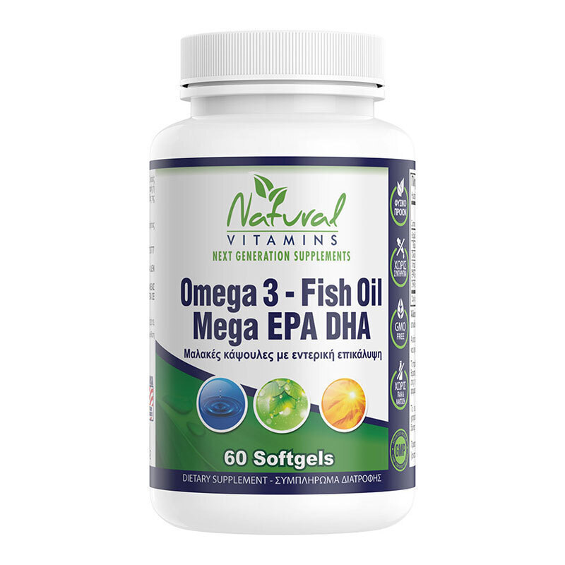 Natural Vitamins Omega 3 Fish Oil Mega EPA DHA Ιχθυέλαιο 1000mg 60 μαλακές κάψουλες