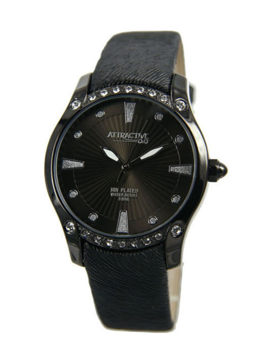 Q&Q Watch with Black Leather Strap DA27J502