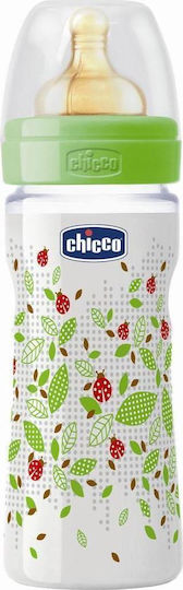 Chicco Plastic Baby Bottle Well Being Anti-Colic with Rubber Nipple for 3+ months Green Ladybugs - Green 250ml