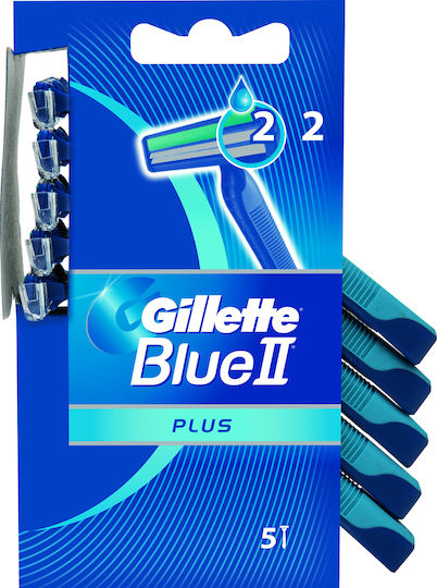 Gillette Blue II Plus Disposable Razors with 2 Blades & Lubricating Tape 5pcs