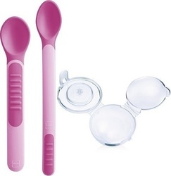 Mam Baby Set with Spoons Heat Sensing Plastic with Case for 6+ Months Pink 2 Pieces