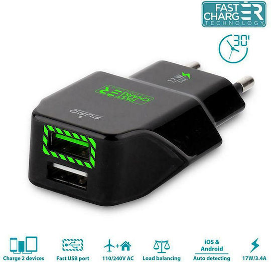 Puro Ladegerät ohne Kabel mit 2 USB-A Anschlüsse 12W Schwarzs (FCTCV2USB24BLK)
