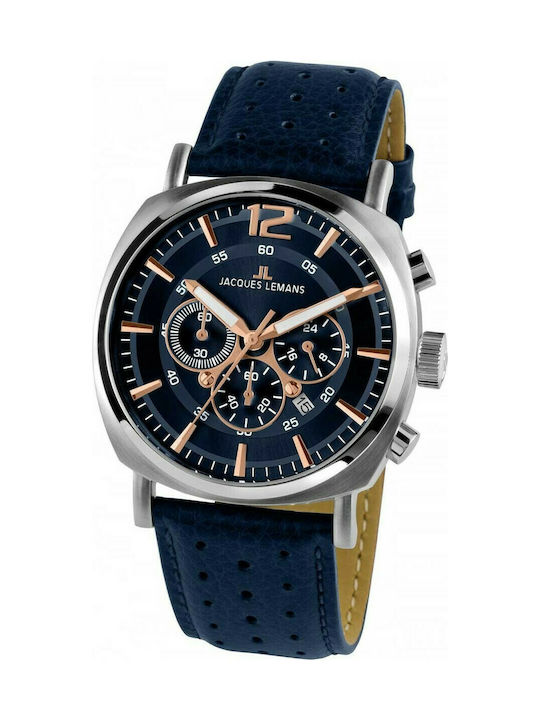 Jacques Lemans Lugano Uhr Chronograph Batterie mit Blau Lederarmband
