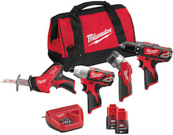 Milwaukee M12 BPP4A-202B Set Mașină de găurit & Șurubelniță cu impact & Ferăstrău alternativ & Obiectiv 12V cu 2 baterii 2Ah și husă