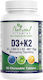 Natural Vitamins D3 + K2 Vitamin for Immune System Boost & Bone Health 50 chewable tabs
