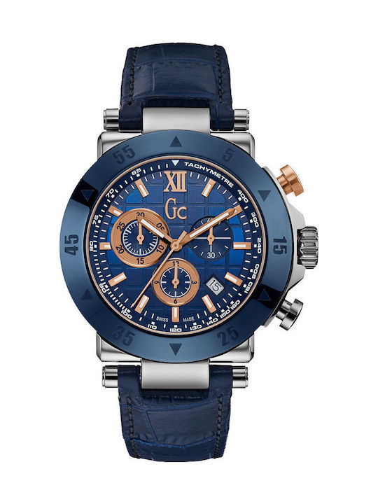 GC Watches Ανδρικό Ρολόι 44mm Χρονογράφος Μπαταρίας με Μπλε Δερμάτινο Λουράκι