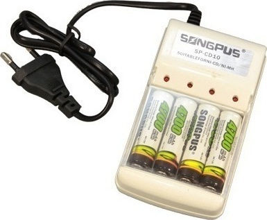 Songpus SP-CD10 Charger 4 Batteries Ni-Cd/Ni-MH Size AA/AAA in White color