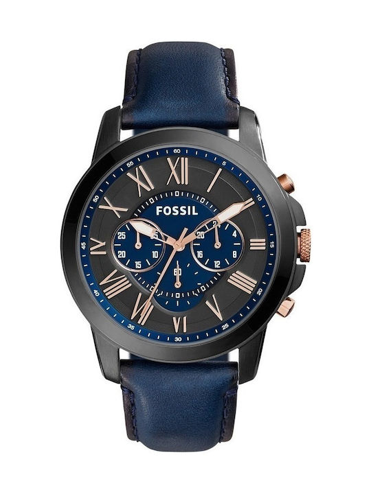 Fossil Ανδρικό Ρολόι 44mm Χρονογράφος Μπαταρίας με Μπλε Δερμάτινο Λουράκι