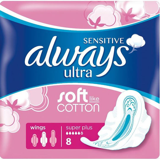 Always Sensitive Ultra Super Plus Sanitary Pads with Wings for Heavy Flow 5 Drops Size 2 8pcs