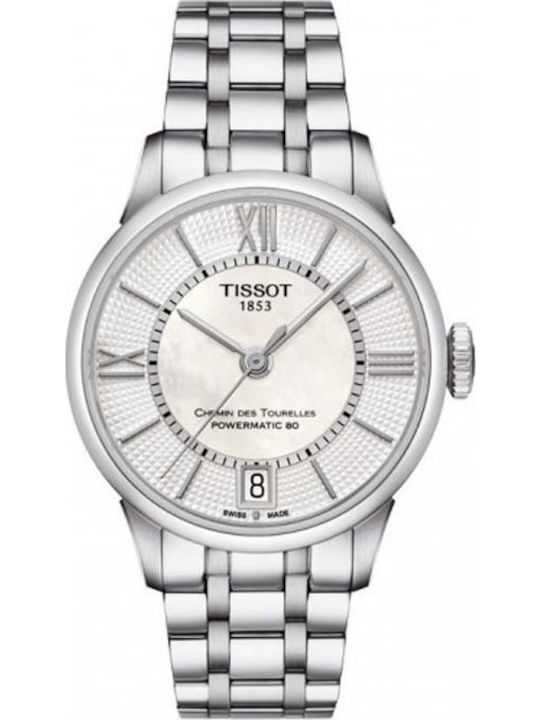 Tissot Chemin Des Tourelles Дамски Часовник 32мм Автоматичен със Сребриста Метална Верижка