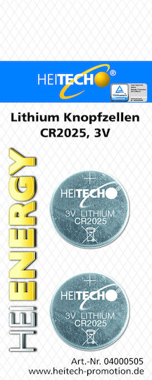 Heitech Heienergy Lithium Watch Battery CR2025 3V 2pcs