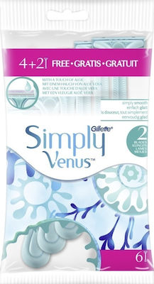 Gillette Simply Venus Disposable Razors with 2 Blades & Lubricating Tape Blue 6pcs