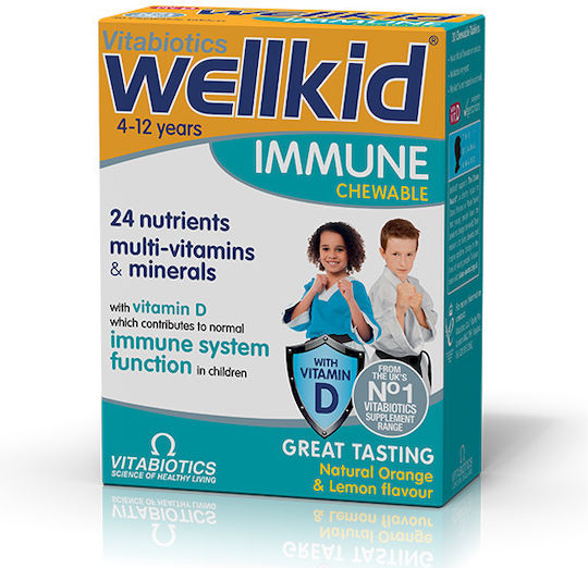 Vitabiotics Wellkid Immune Supliment pentru Întărirea Sistemului Imunitar 30 Tablete Masticabile Portocală Lămâie
