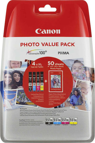 Canon CLI-551XL Γνήσιο Photo Value Pack με 4 Μελάνια Εκτυπωτή InkJet Κίτρινο / Κυανό / Ματζέντα / Μαύρο (6443B006)