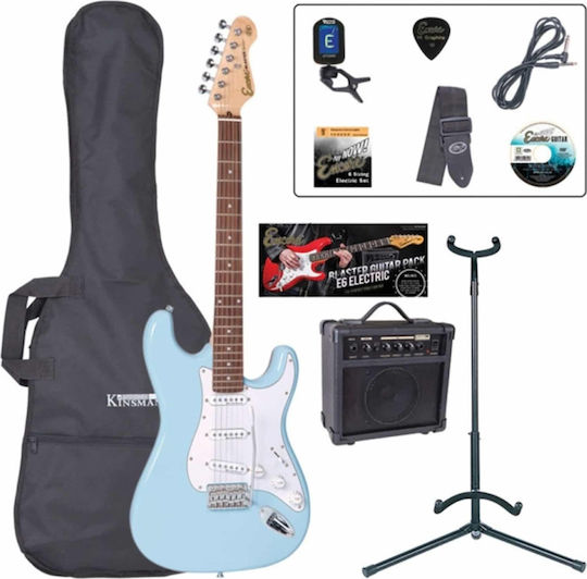 Encore E6 Pack Set Electric Guitar Stratocaster with SSS Pickup Configuration Light Blue with Case