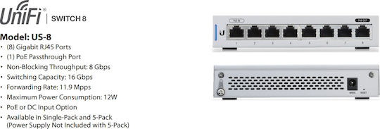 Ubiquiti Unifi Switch 8 Managed L2 PoE+ Switch με 8 Θύρες Gigabit (1Gbps) Ethernet