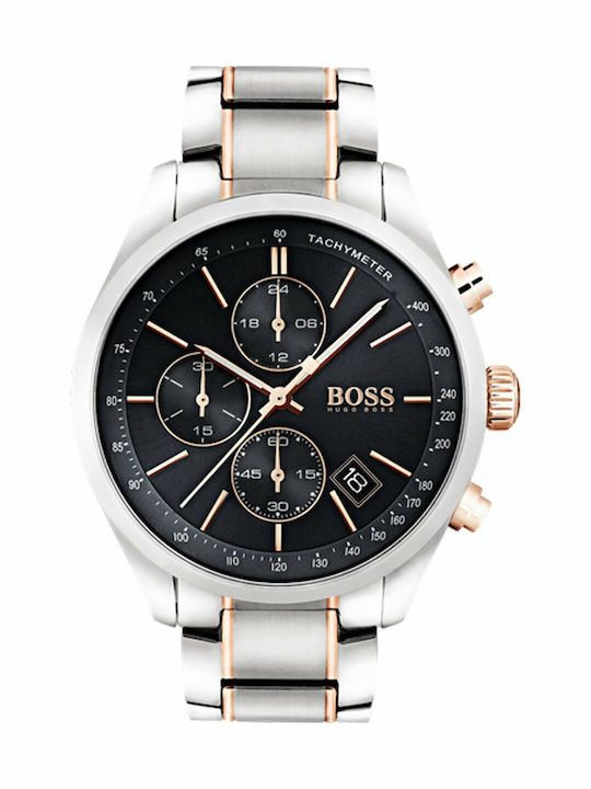 Boss Grand Prix Ανδρικό Ρολόι 44mm Χρονογράφος Μπαταρίας με Ασημί Μεταλλικό Μπρασελέ