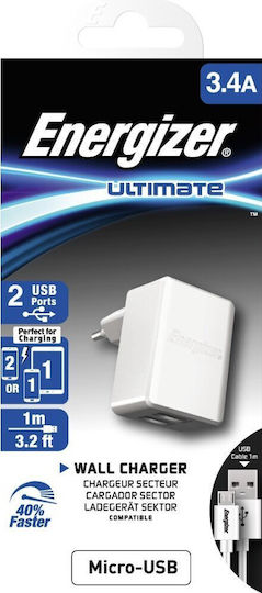 Energizer с 2 USB-A порта и кабел micro USB Бял (ACW2CEUUMC3)